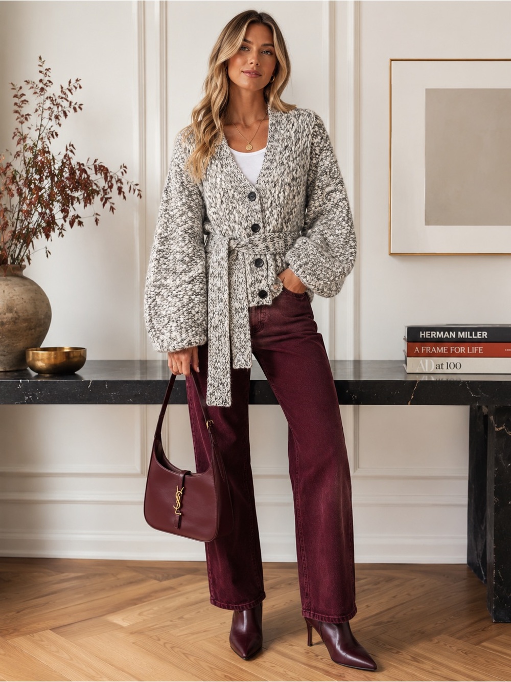 GANNI Chunky Mouline Alpaca Mohair Balloon Sleeve Belted Cardigan XS | NWT